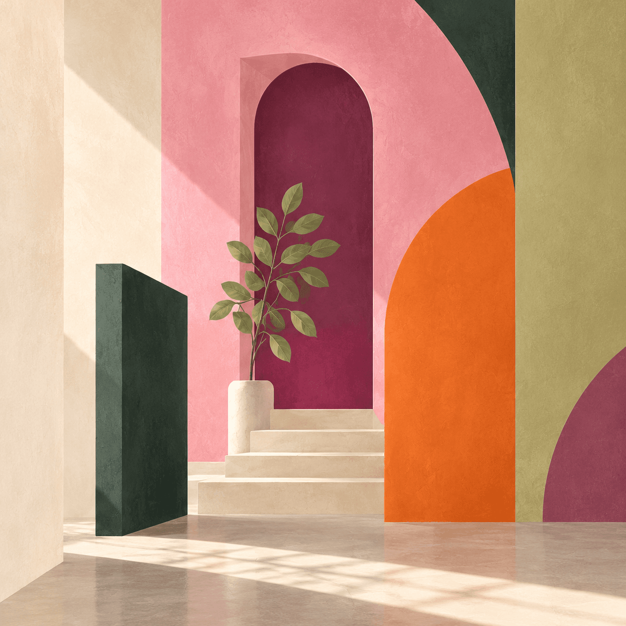 Color House illustration: a pink arch, plum alcove, olive foliage, orange wall and cream stairs